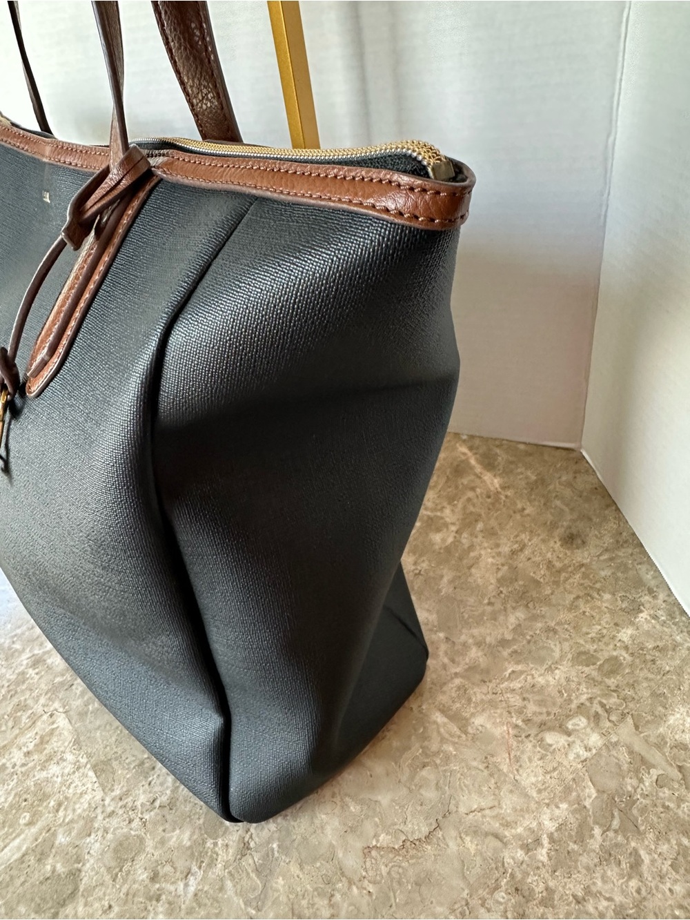 Fossil Black Tote Bag Brown Trim Key Charm Large Shoulder Handbag Classic Purse - Picture 3 of 15
